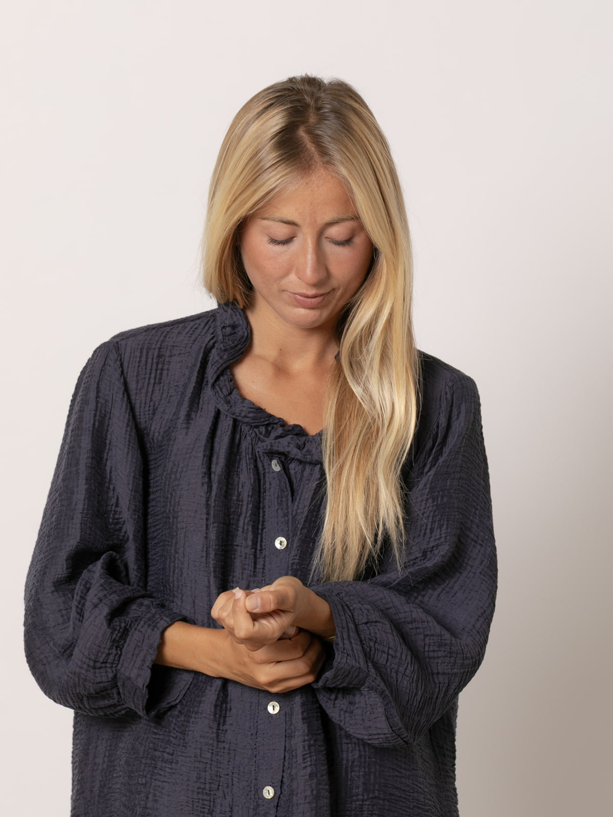 Shimmer ruffle terry shirt  Blue Navy colour
