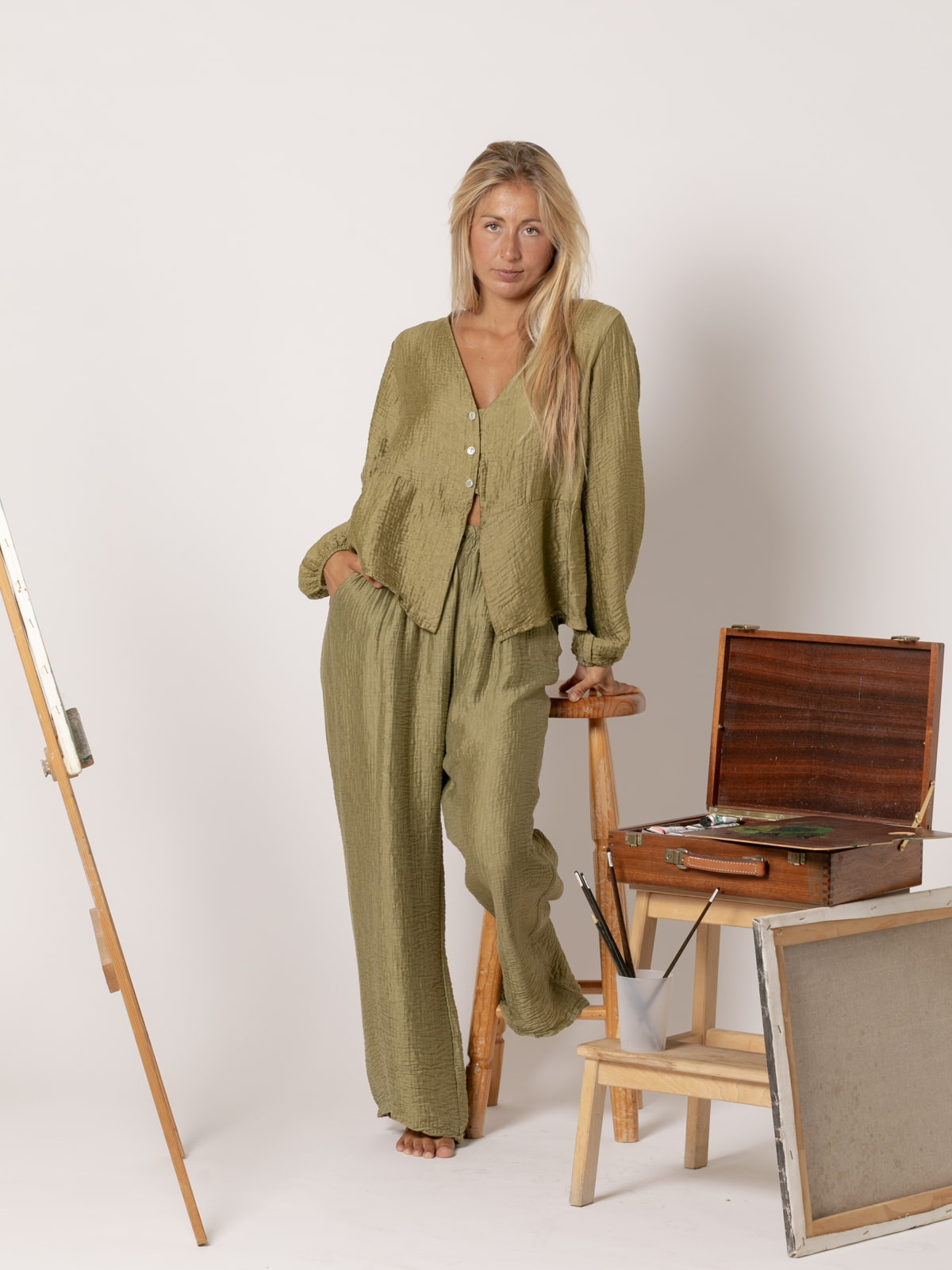 Shiny Tencell terry pants  Olive colour