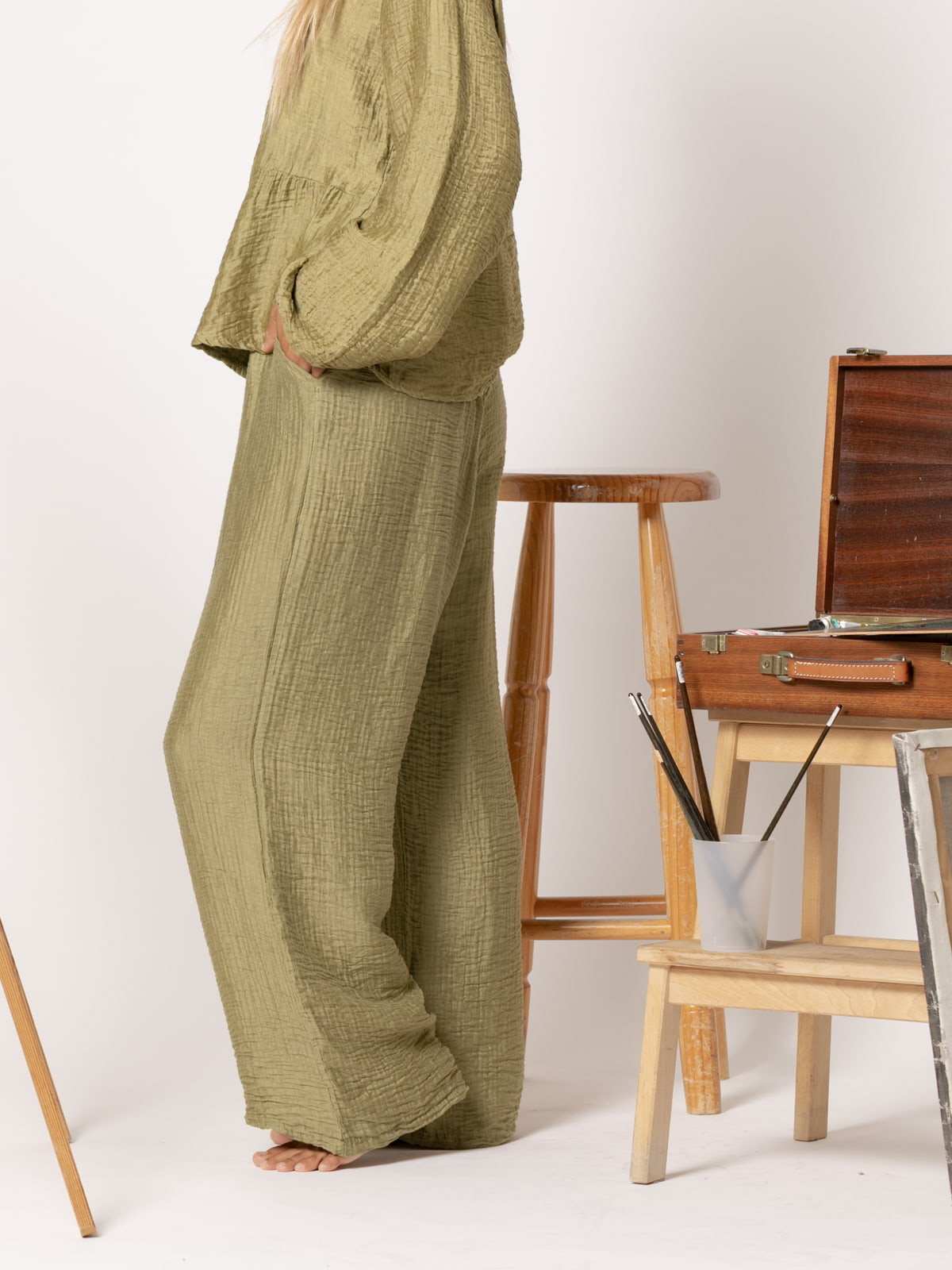 Shiny Tencell terry pants  Olive colour