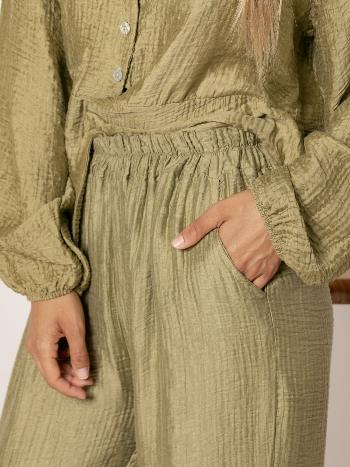 Shiny Tencell terry pants  Olive colour