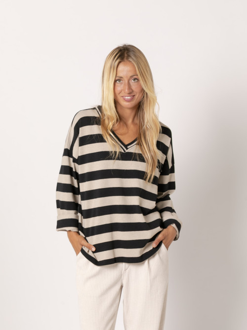 100% cotton striped V-neck sweater  Black colour