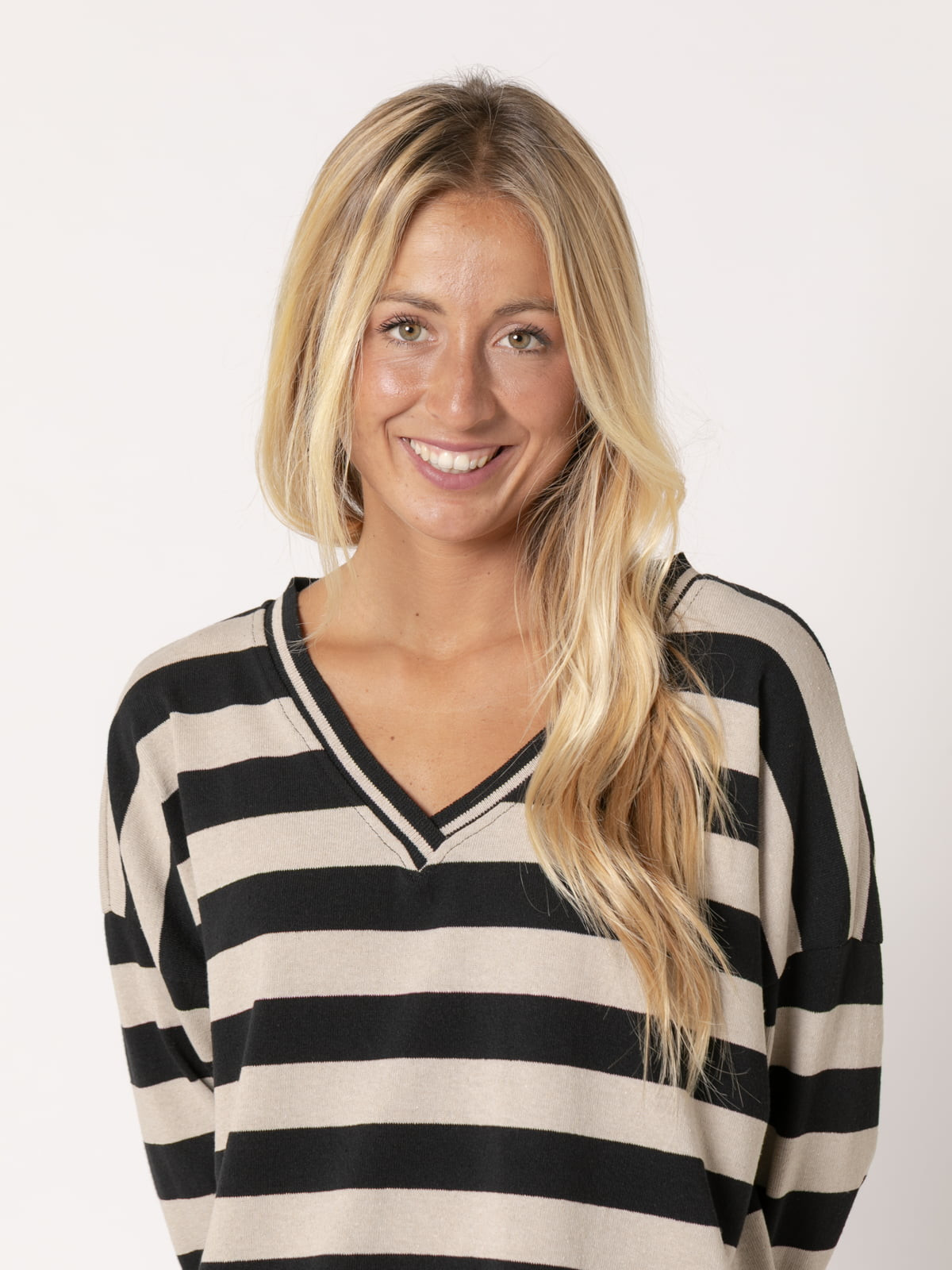 100% cotton striped V-neck sweater  Black colour