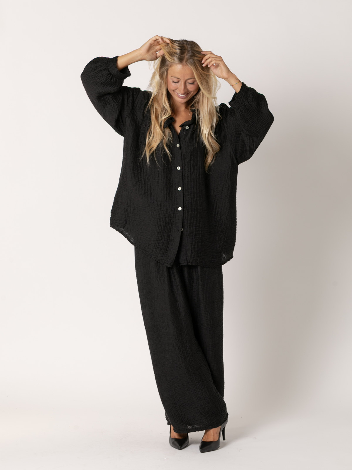 Shimmer ruffle terry shirt  Black colour