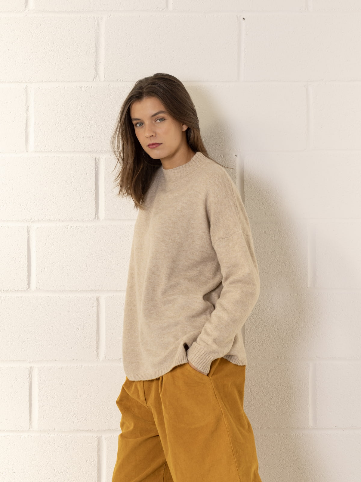 Soft oversized jersey with rolled-up hem  Beige colour
