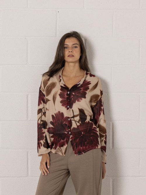 flowy wool shirt with flowers  Bordeaux colour