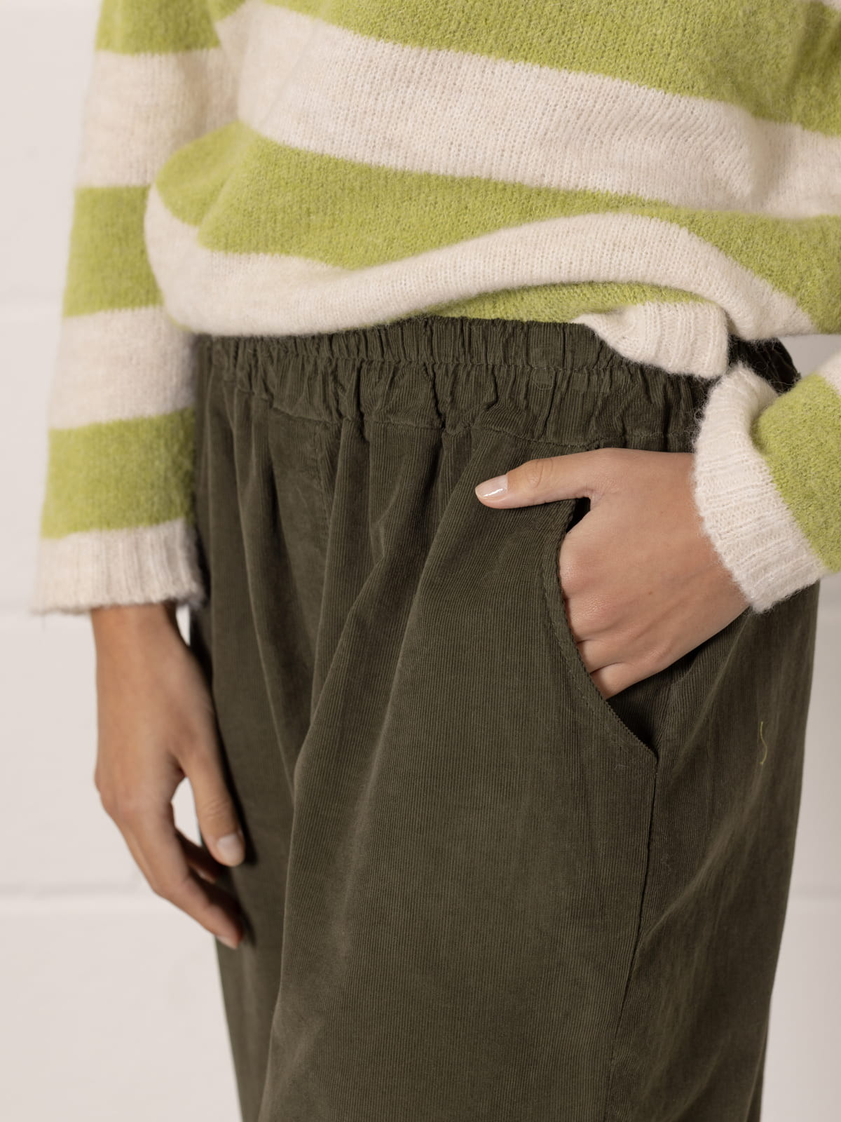 Micro-corduroy trousers without elastic  Green Militar colour