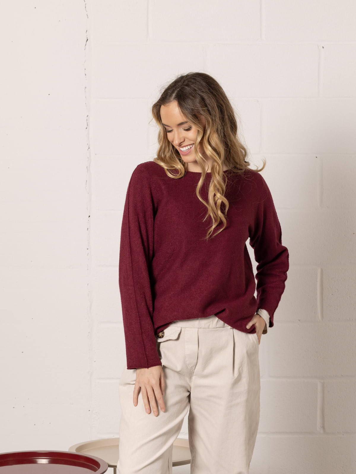 Basic sweater with boat neck  Bordeaux colour