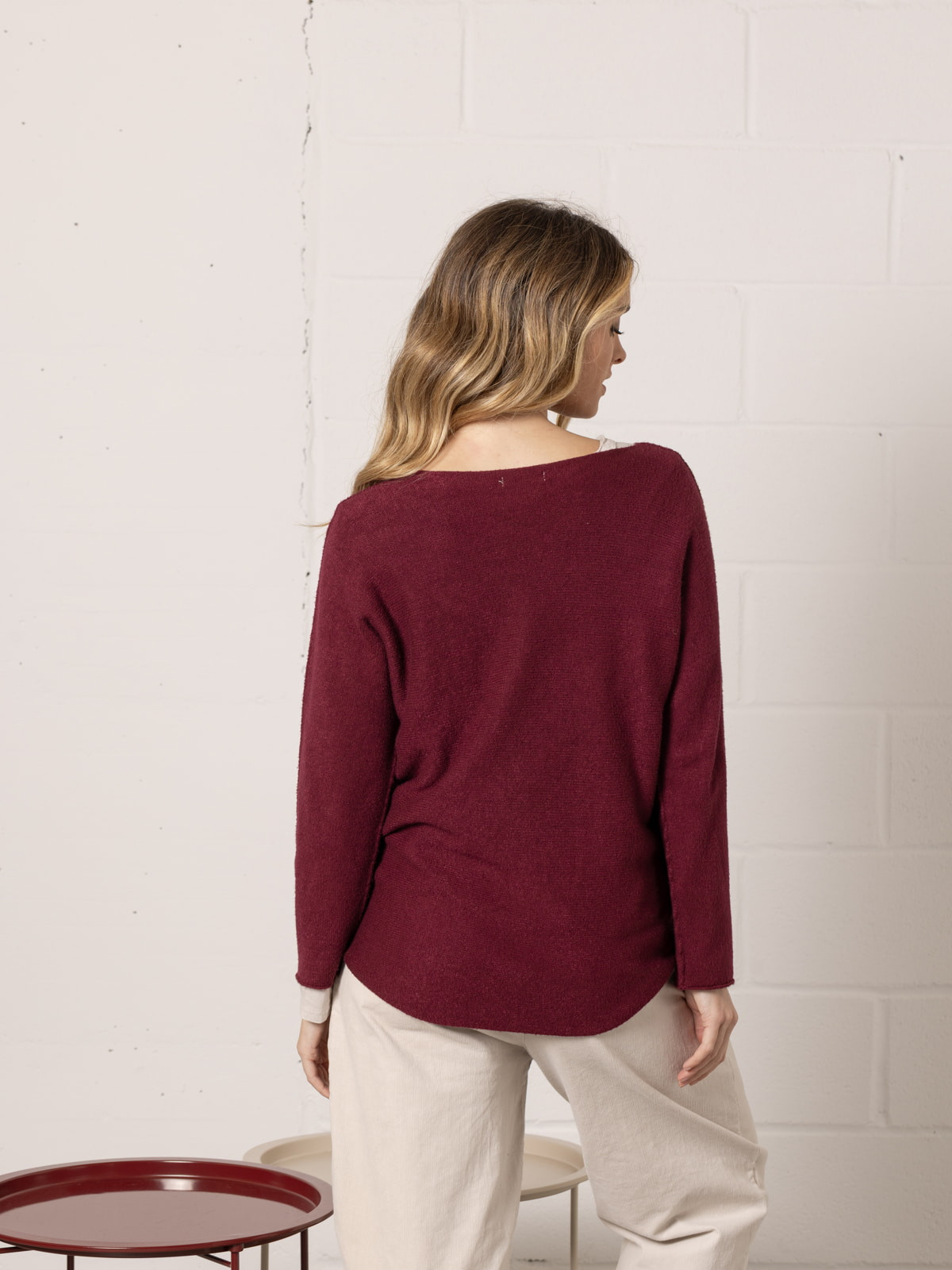 Basic sweater with boat neck  Bordeaux colour