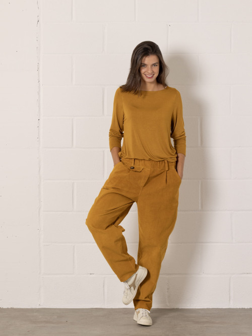 Momfit stretch micro-corduroy trousers  Ocher colour