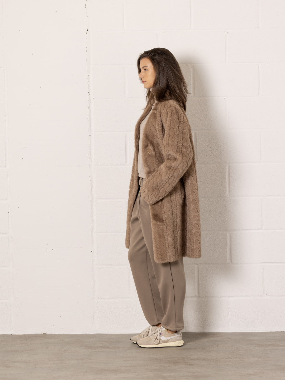 Faux fur coat with pattern  Beige colour