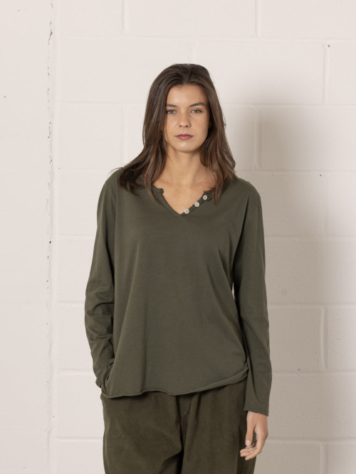 Vintage cotton 3-button t-shirt  Khaki colour