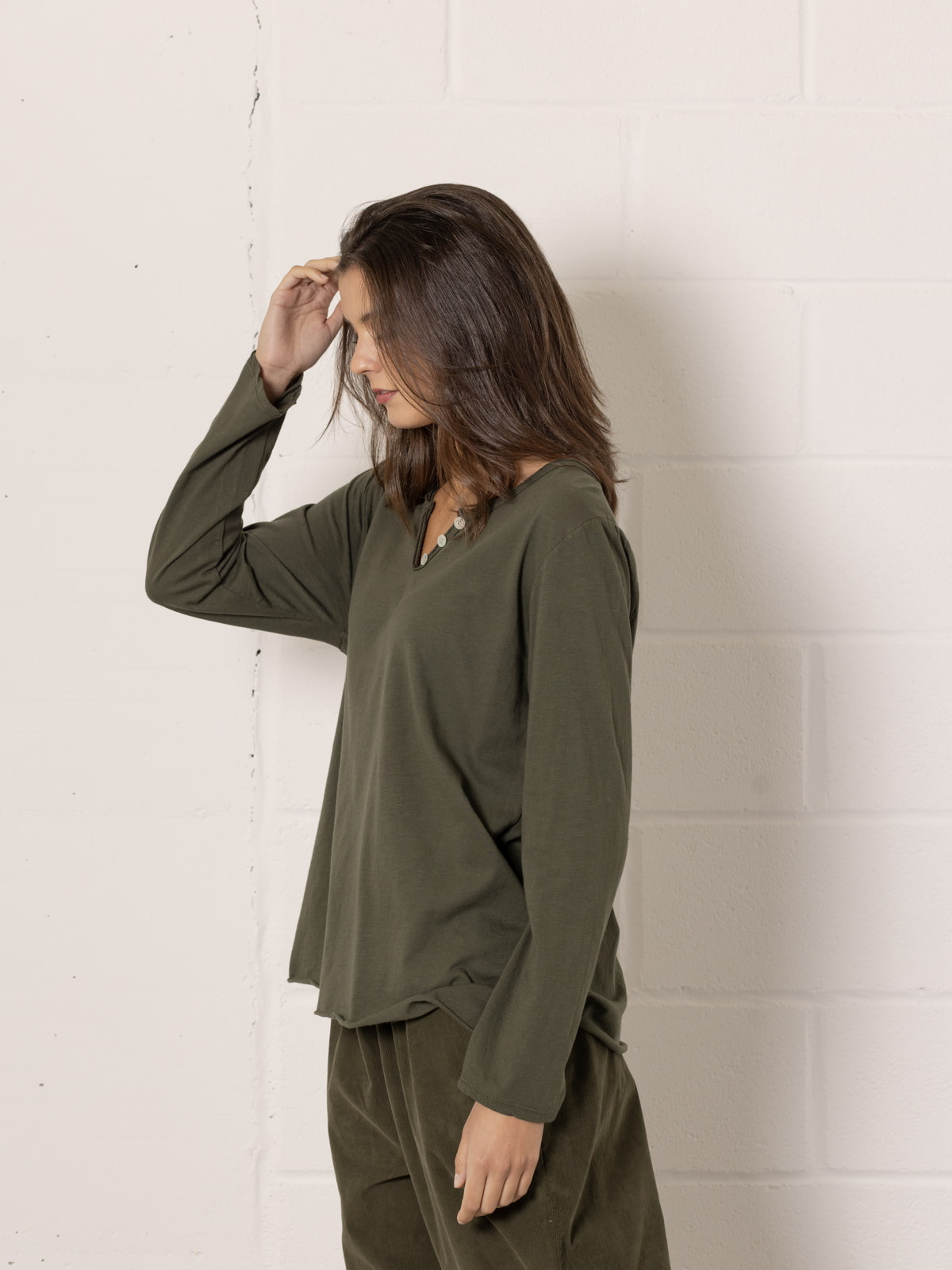 Vintage cotton 3-button t-shirt  Khaki colour