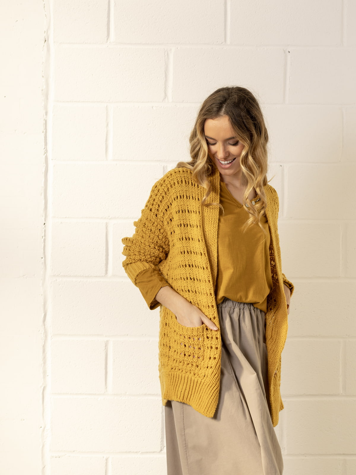 Oversized knitted jacket  Ocher colour